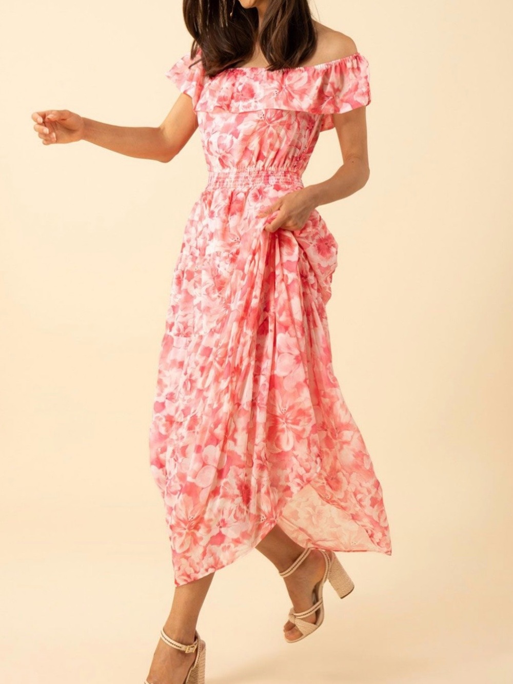 Hale Bob Pink Floral Off-Shoulder Maxi Dress